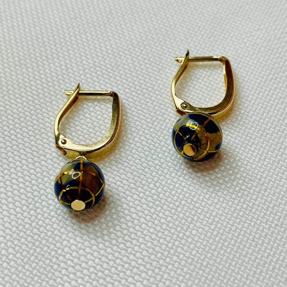 14k Yellow Gold Enamel Globe/World  Hinged Drop Dangle  Earrings